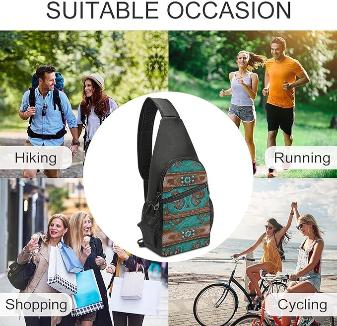 SWEET TANG Unisex Unique Chest Bag Gym Sack Fashion Sling Shoulder Backpack Outdoor Sports Daypack Rustic Brown Teal Western Country Tooled Leather, Multipurpose Adjustable Bag for Daily Use
