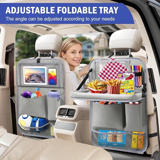 Car Backseat Organizer with Tablet Holder,6 Storage Pockets Car Storage Organizer with Foldable Food Tray,Kick Mats Backseat Protector Travel Accessories (Grey)