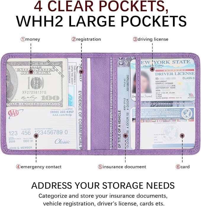 2-Pack Car Registration and Insurance Holder, Car Organization Vehicle Document Organizer with Magnetic Closure for Cards, License in Glove Box, Purple