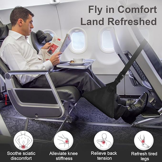 Foot Hammock for Plane Travel, Upgraded Airplane Foot Rest with Memory Foam, Hardboard, Portable Zippered Leg Hammock for Long Flight, Under Desk Footrest, No Collapse Foot Sling, Travel Essentials