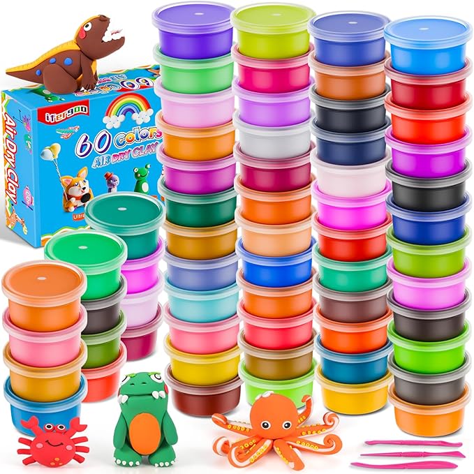 ifergoo Air Dry Clay Kit for Kids - 60 Colors Magic Modeling Clay, Ultra Light, Safe & Non-Toxic, DIY Art & Craft Molding Toy with Tools, Birthday&Christmas Gift for Age 3-12 Years Old Boys Girls