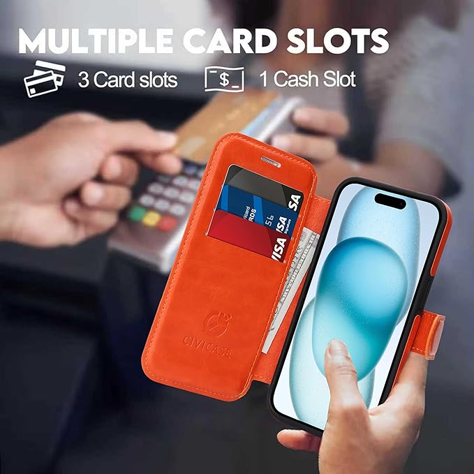 CIVICASE for iPhone 13/iPhone 14 Wallet Case with Stand,PU Leather Flip Credit Card Holder Slots (RFID Blocking),Compatible with Magsafe Magnetic Holder Phone Cover Women Men,Orange