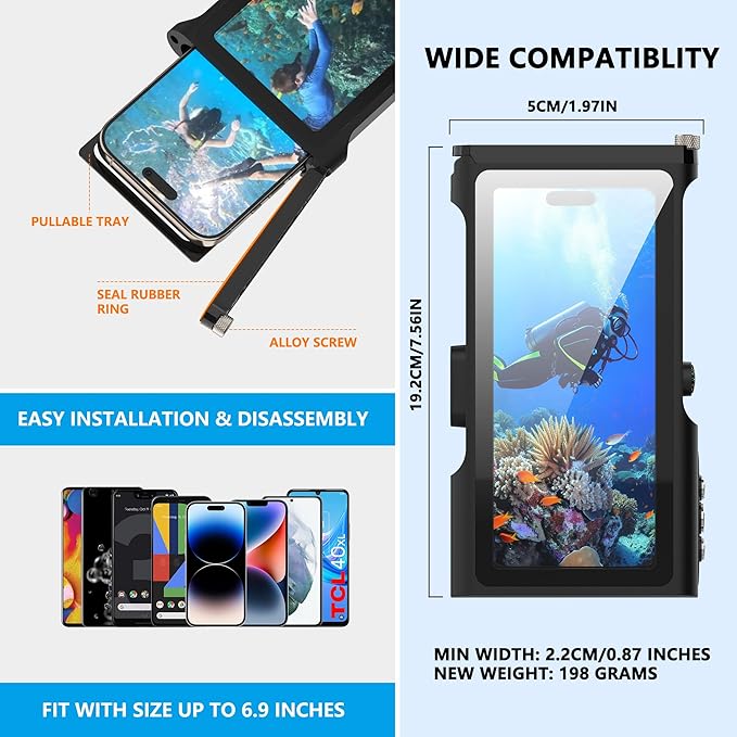 ShellBox Case Bluetooth Diving Phone Cover Housing – IP68 Waterproof 50FT/15M, Universal Fit with iPhone/Samsung/Android – Underwater Filming Photo Video for Snorkeling, Scuba Swimming, Black Purple