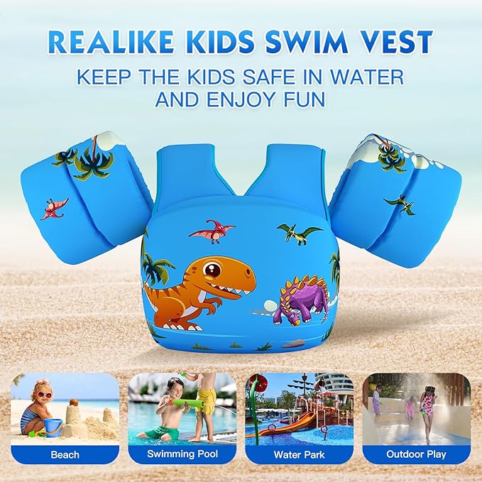 REALIKE Kids Swim Vest for Toddler Floaties Swimming Aids with Shoulder Harness Arm Wings for Children/Infant/Baby,Sea Beach/Pool/Lake, Suitable for 28-70lbs Boys/Girls