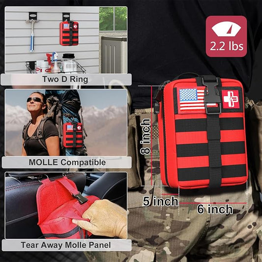 First Aid Kit,Survival Gear Outdoor Tactical Gear Set Military Grade Molle System for Camper Travel Hunting Hiking and Adventures（RED）