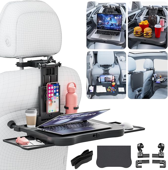 Large Car Desk for Laptop | Steering Wheel Tray Table | Foldable Back Headrest Seat Eating Food Trays with Drinks Cupholder Phone Tablet Holder for Kids | Car Travel Essentials for Long Trips
