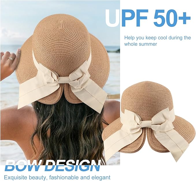 DRESHOW Sun Hats for Women Travel Fedora Foldable Beach Sun Hat Summer Wide Brim Straw Bucket Hat with Bowknot UPF 50+