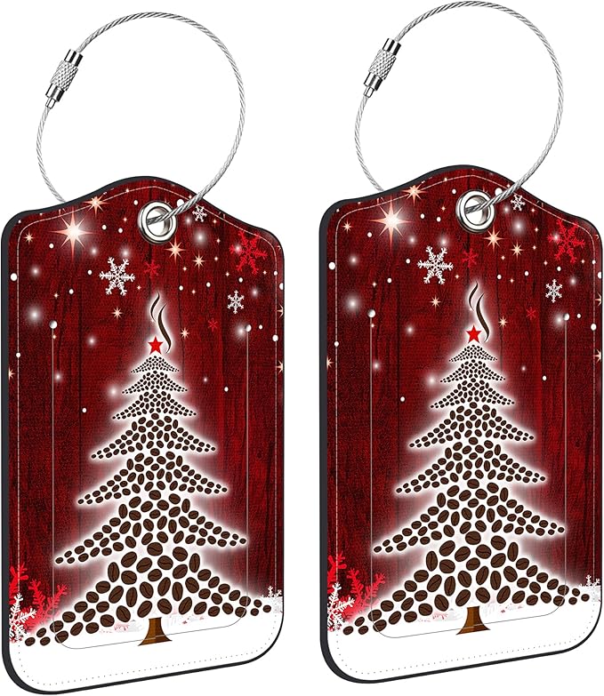 2 PCS Leather Luggage Tags for Suitcase Christmas Tree Snowflake Red Travel Luggage Tag with Privacy Flap Name ID Label and Metal Loop for Travel Bag Suitcase