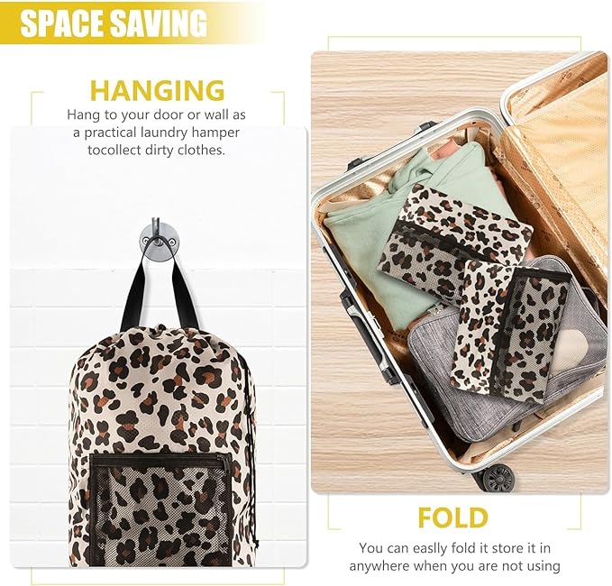 Laundry Bag Backpack, 2PCS Extra Large Travel Laundry Bag with Mesh Pocket & Adjustable Shoulder Straps,Dirty Clothes Travel Bag for College Students Dorm,Apartment(Leopard Print)