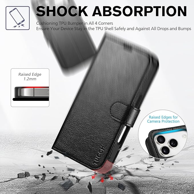 TUCCH Case Wallet for iPhone 17 Pro (6.3-Inch) 2025, RFID Blocking 4 Card Slots, Kickstand, Magnetic Closure, PU Leather, Shockproof TPU Shell, Protective Flip Folio Cover, Textured Black