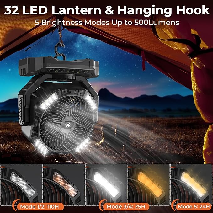 20000mAh Camping Fan with Light - 12in Rechargeable Battery Powered Fan (68H Cool Max), 90°Auto Oscillating with Remote & Hook, 4 Speeds & Timers for Outdoor/Patio/Garage/Jobsite/Hurricane/Outage