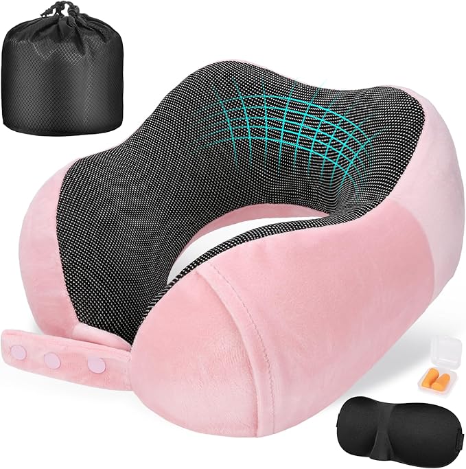 Neck Pillow for Traveling, Travel Pillows for Airplanes,100% Pure Memory Foam Travel Neck Pillow, Adjustable Flight Pillow, Portable Plane Accessories with Eye Mask, Earplugs, Carry Bag