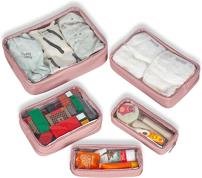 TSA Approved 5-Piece Diaper Bag Organizer Pouch Set Clear Waterproof TPU Kids Toiletry Storage Set Travel Packing Clutch Cube Bags for Baby Nursing