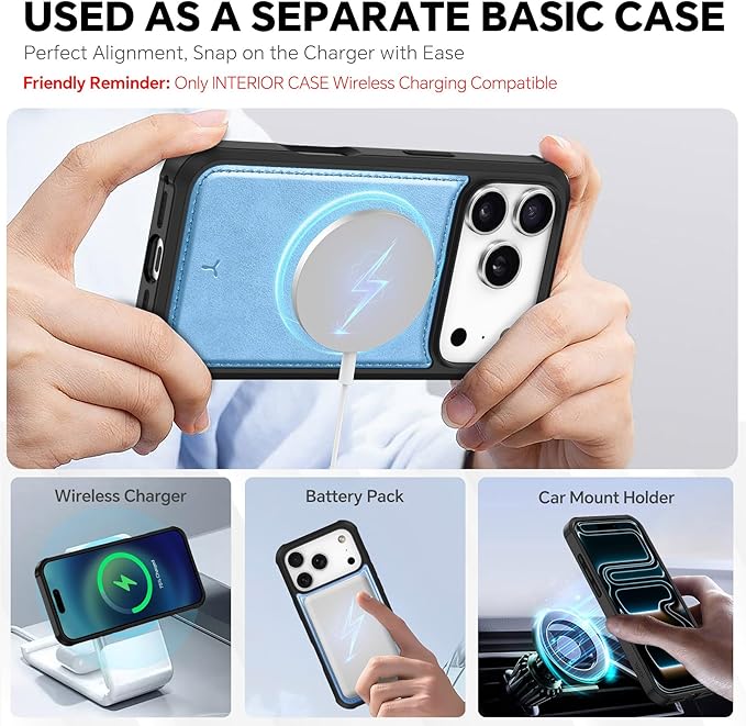 TUCCH Removable Case Wallet for iPhone 17 Pro (6.3") 2025, Detachable Wrist Strap, Wireless Charging, Stand, 4 Card Slots RFID Blocking, 2-in-1 Magnetic, PU Leather Shockproof Cover, Pearly Light Blue
