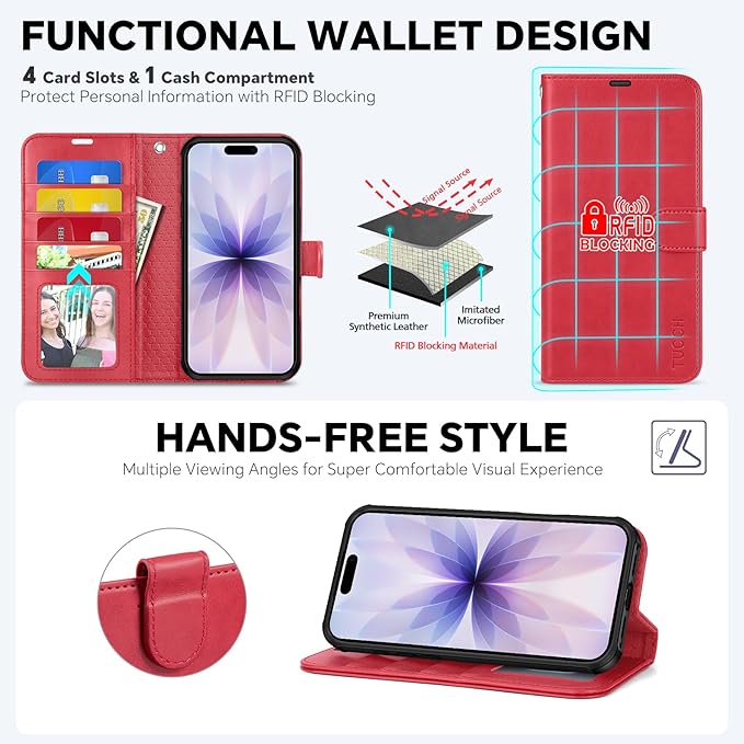TUCCH 2-in-1 Removable Case Wallet for iPhone 17 (6.3") 2025, Detachable Wrist Strap, 4 Card Holders RFID Blocking, Wireless Charging, Stand, Magnetic, PU Leather, Shockproof Folio Cover, Red