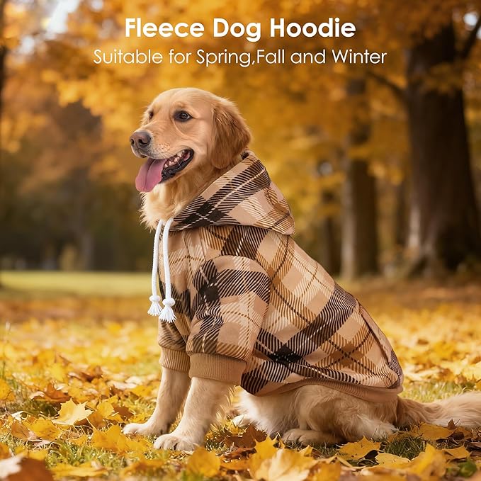 BAOBICUTE Dog Basic Hoodie Soft Dog Clothes Cold Weather Sweaters for Medium Large Dogs Cozy Fabric Warm Sweatshirt with Leash Hole (Khaki Plaid, L (Back: 20.47",Chest: 28.35", Neck: 21.26"))