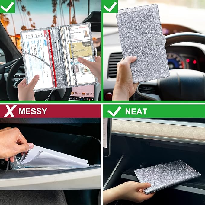 RSAquar Car Registration & Insurance Holder - Leather Glove Box Organizer, Cool Accessories for ID, Driver's License Cards & Essential Documents, Men & Women, Glitter Gray