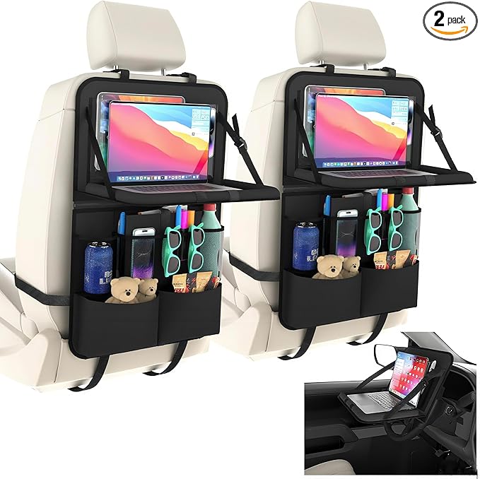 2 Pack Backseat Car Organizer with Tray, 11 Pocket Car Storage with Tablet Holder & Detachable Top for Steering Wheel, Road Trip Essentials Travel, Protector Kick Mats for Kids