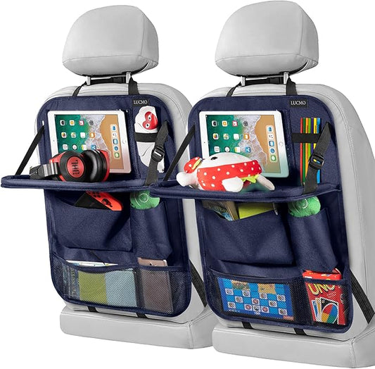 LUCMO Car Backseat Organizer with Tablet Holder-2 Pcs,6 Storage Pockets Car Storage Organizer with Foldable Food Tray,Protectors Kick Mats Travel Accessories-Dark Blue
