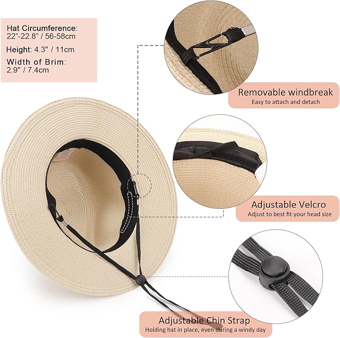 DRESHOW Women Straw Panama Hat Travel Fedora Beach Sun Hat Summer Wide Brim Straw Roll up Hat UPF 50+