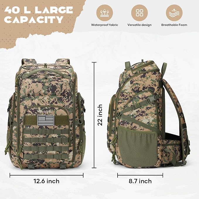 Maelstrom Tactical Backpack for Men, Water Resistant 40L Military Backpack, for Hiking, Camping, Gym with Molle System (Camouflage Green)