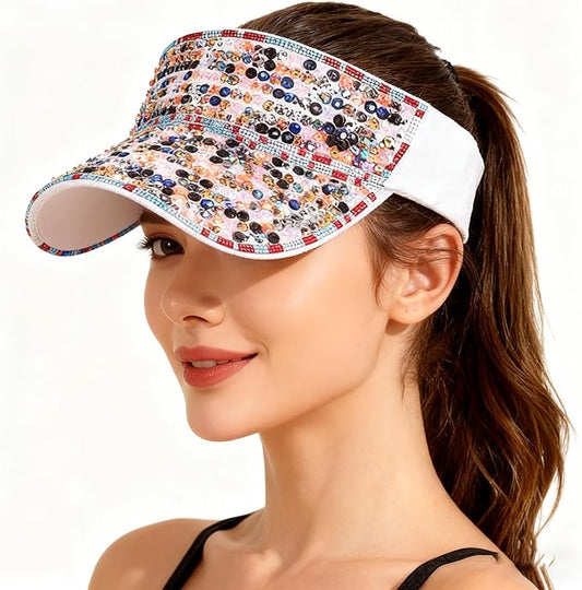 Bling Shiny Rhinestone Sports Sun Visor Hat for Women Summer Adjustable Breathable Beach Visor Caps Running Golf Sun Hat