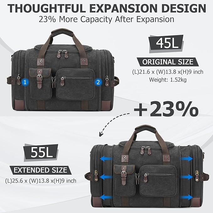 THYWD Canvas Duffle Bag for Travel Men and Women, 55L Expandable Large Overnight Weekender Luggage Bag, Vintage Carry on Bags for Airplanes, Travel, Hospital Labor Delivery, Camping, Gym