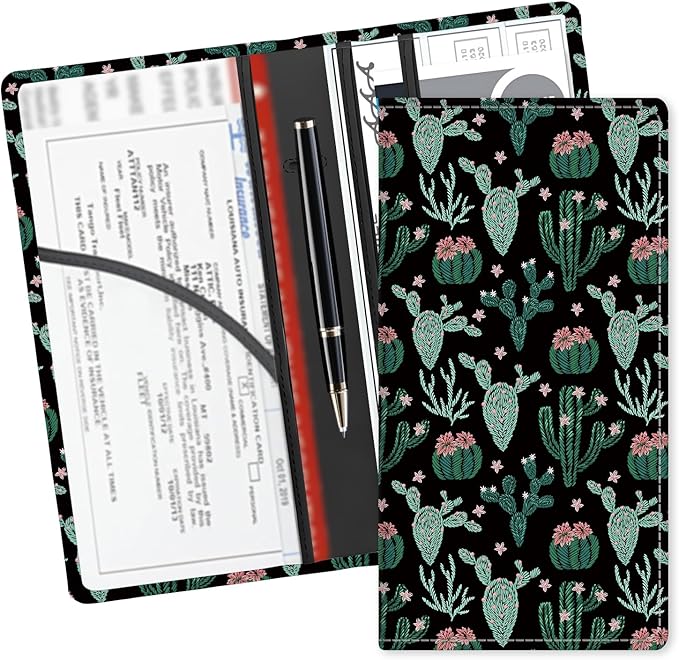 Leather Car Registration and Insurance Card Holder, Cute Car Accessories Vehicle Glove Box Car Organizer for Documents, Cards, License Cute Cactus