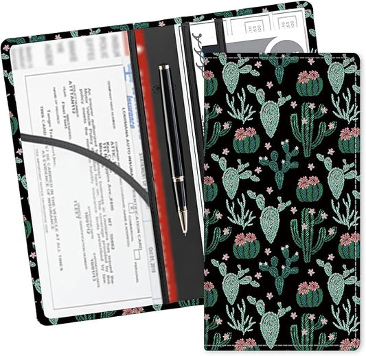 Leather Car Registration and Insurance Card Holder, Cute Car Accessories Vehicle Glove Box Car Organizer for Documents, Cards, License Cute Cactus