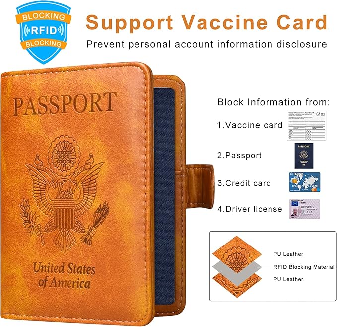 Caweet Passport and Vaccine Card Holder Leather Vaccination Card Wallet with Magnetic Closure, Brown
