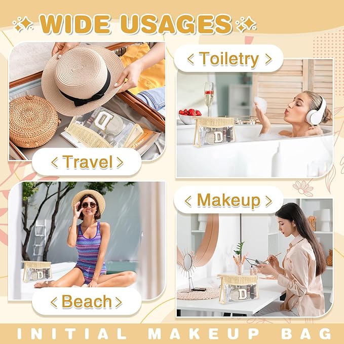 Personalized Initial Letter Bag Boho Straw Clear Makeup Bag,Small Cute Chenille Varsity Letter Bag With Zipper,Beach Travel Toiletry Bag,Portable Monogrammed Cosmetic Bag for Women Girls,D