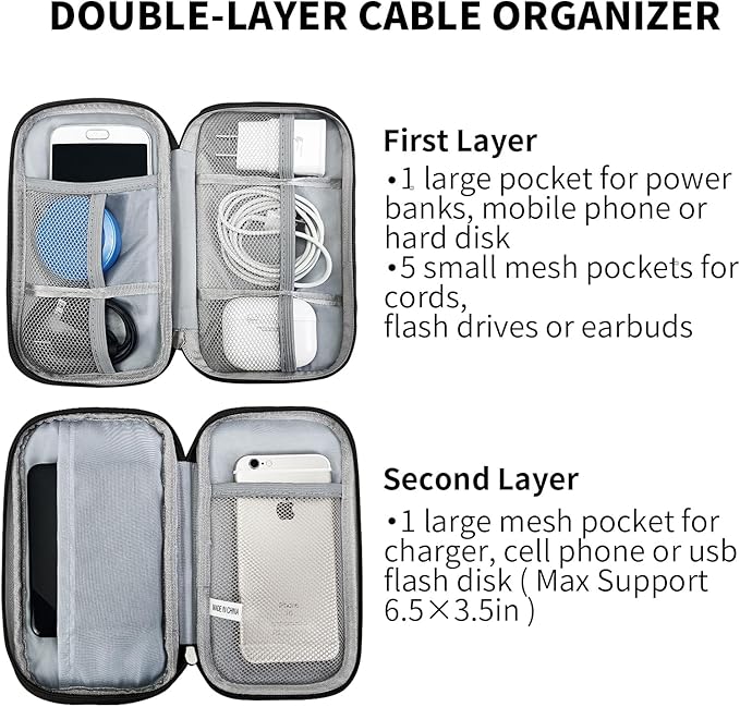 SUNRISING Travel Electronic Organizer Bag - Portable Waterproof Double Layer Large Capacity Storage Case for Charger, Cables, Phone, Earphone, Flash Drive & More Travel Essentials (Black)