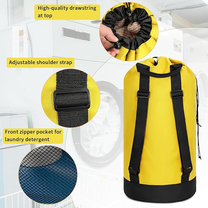 Laundry Bag Backpack with Shoulder Straps and Mesh Pocket Foldable Clothes Hamper Bag with Drawstring Closure for College, Apartment, Laundromat (Yellow)