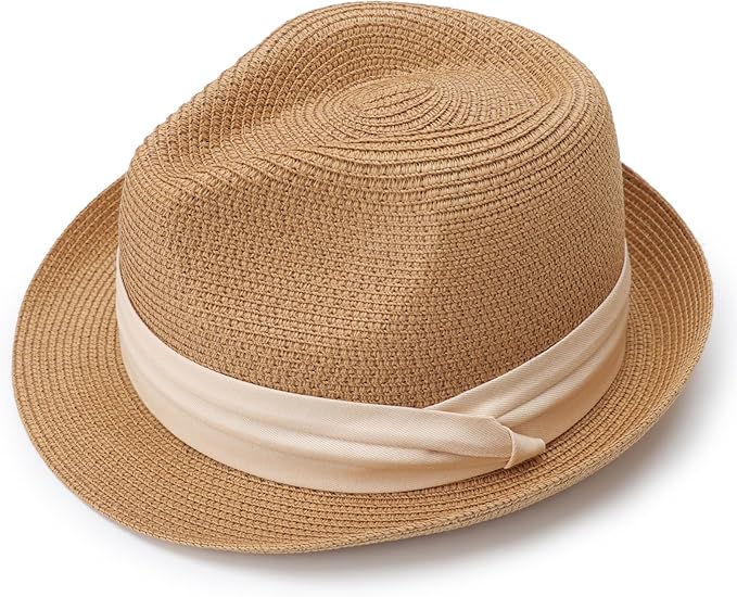 DRESHOW Women Straw Panama Hat Travel Fedora Beach Sun Hat Summer Wide Brim Straw Roll up Hat UPF 50+