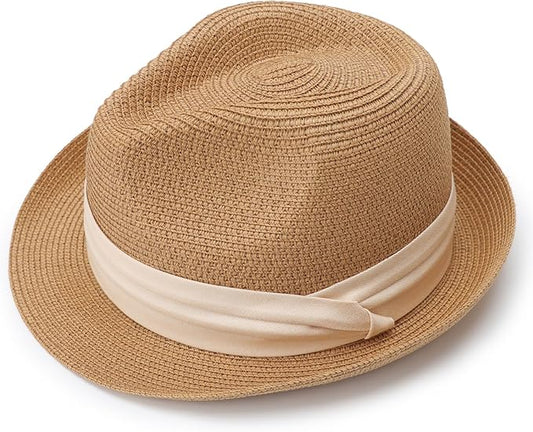 DRESHOW Women Straw Panama Hat Travel Fedora Beach Sun Hat Summer Wide Brim Straw Roll up Hat UPF 50+