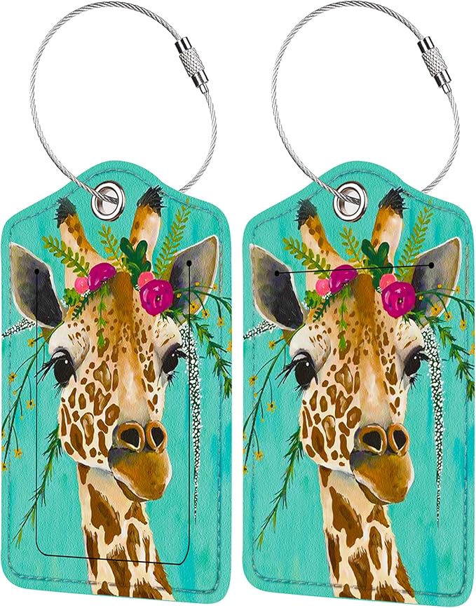 2 Pack Luggage Tag for Suitcase, Cute Unique Leather Bag Tags Identifiers Privacy Cover ID Label with Durable Steel Loop for Women Men Kids Girls Travel, Giraffe