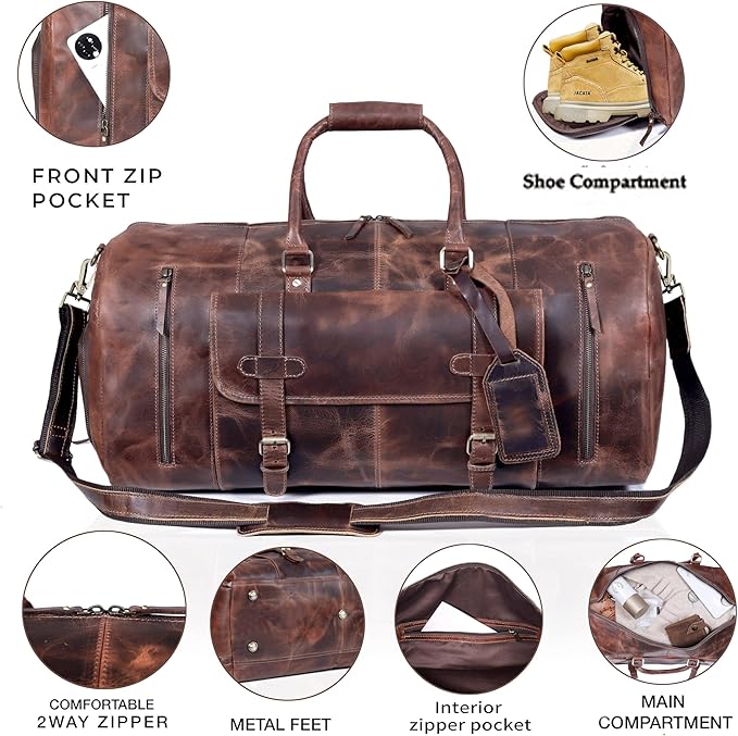 28" Large leather Travel Bag Duffel bag Gym sports flight cabin bag Leather Holdall Overnight Weekend Large luggage bag (28 inch)