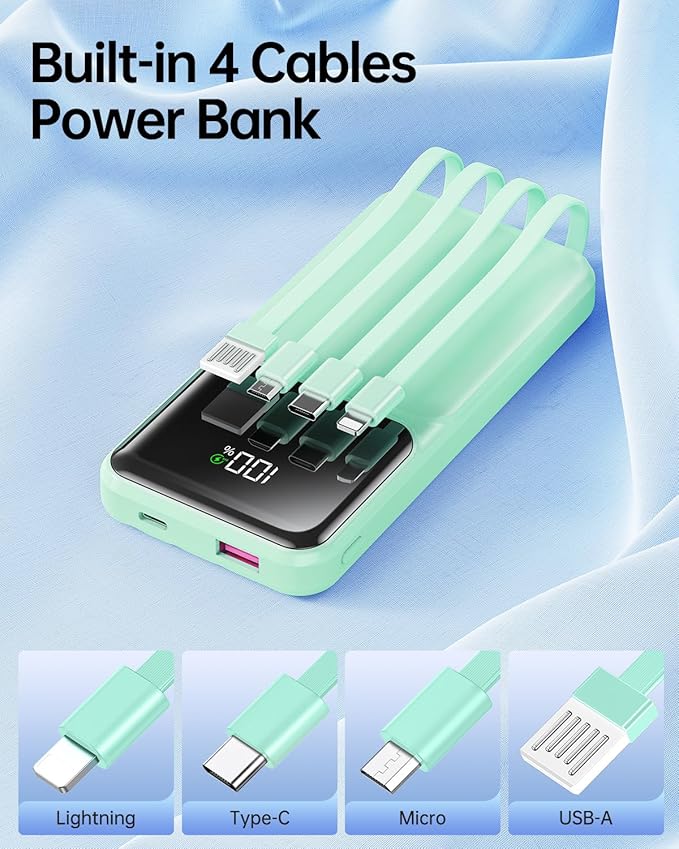 Portable Charger with Built in Cable -20000mAh Fast Charging Power Bank USB C Slim 22.5W LED Display Battery Pack 5 Outputs & 3 Inputs for Travel Essentials iPhone Samsung Phones Cyan