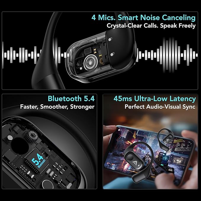 Joy Open-Ear Headphones, Over-Ear, Around-Ear Earhook Wireless Earbuds, Sports Fit for Running & Workouts, ENC Clear Calls, HD Sound, App EQ, Bluetooth 5.4, 40H Battery, IPX4 Sweatproof (Black)