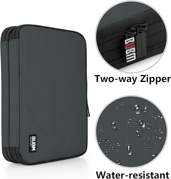 BUBM Double Layer Electronic Accessories Organizer, Travel Gear Bag for Cables, USB Flash Drive, Plug and More, Perfect Size Fits for iPad mini (Medium, Gray)