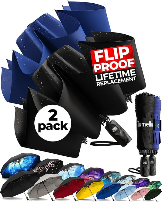 TUMELLA Flip-proof Inverted Travel Umbrella, Small Strong but Light Portable and Automatic Reverse Folding Rain Umbrella, Durable Premium Grip, Fits Car & Backpack
