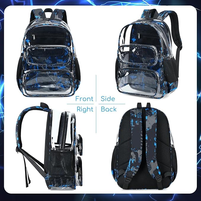 CAMTOP Clear Backpack Heavy Duty Transparent Bag See Through BookBag for Student School Work Festival Sport Travel (Blue Camo Set)