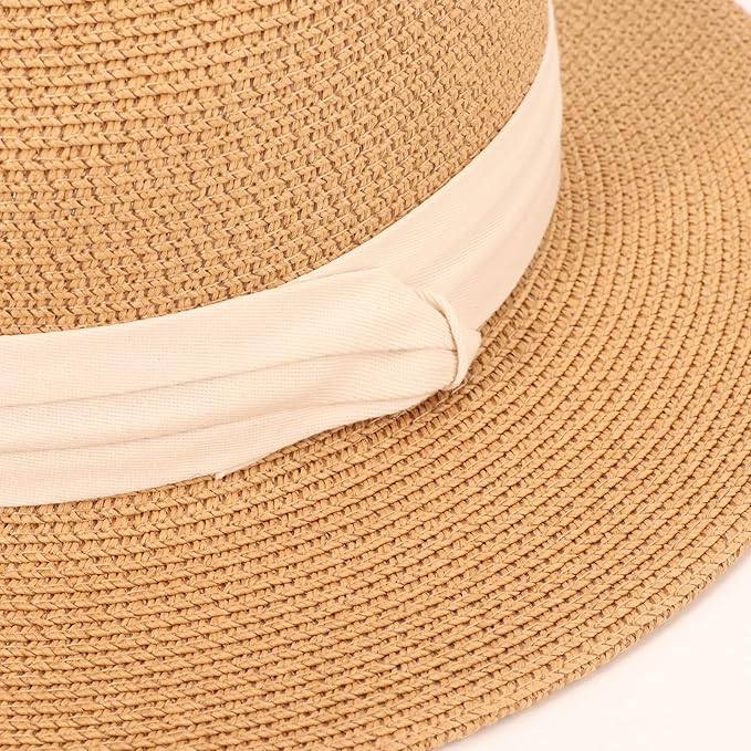 DRESHOW Women Straw Panama Hat Travel Fedora Beach Sun Hat Summer Wide Brim Straw Roll up Hat UPF 50+