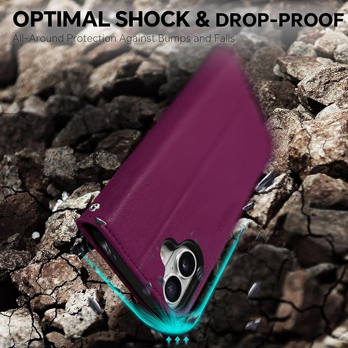 TUCCH Detachable Case Wallet for iPhone 17 (6.3") 2025, Wrist Strap | 4 Card Slots RFID Blocking | Wireless Charging | Stand | 2-in-1 Magnetic | PU Leather | Shockproof Folio Cover | Plum Purple