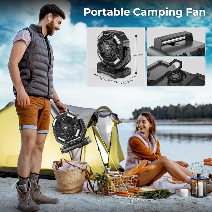 40000mAh Camping Fan with Light - 12in Rechargeable Battery Powered Fan (136H Cool Max), 90°Auto Oscillating with Remote & Charger, 4 Speeds & Timers for Outdoor/Patio/Garage/Jobsite/Hurricane/Outage