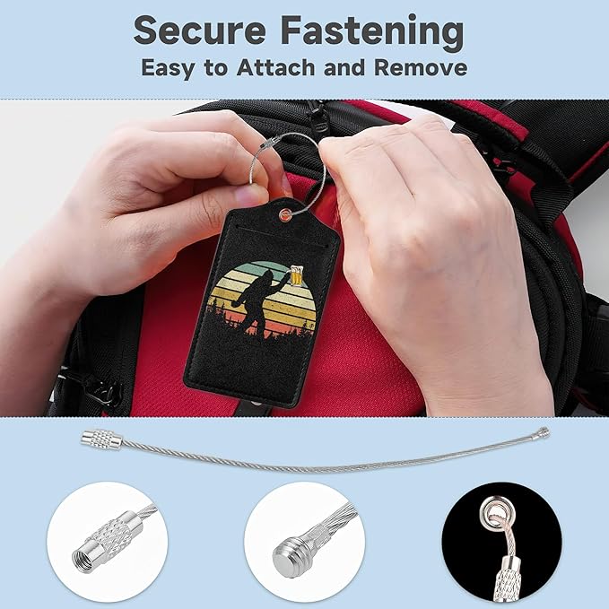 2 Pack Leather Luggage Tag for Suitcase Bigfoot Love Drinking Beer Unique Travel Tags with Privacy Cover ID Label & Stainless Steel Loop for Men and Women Baggage