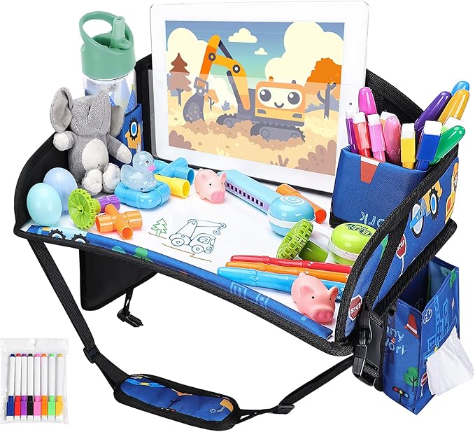 WENRENER Kids Travel Tray for Airplane - Toddler Car Seat Table Tray, Road Trip Essentials for Boys & Girls, Carseat Lap Desk for Kids Road Trip Activities (Dark Blue Car)