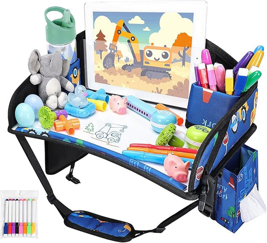 WENRENER Kids Travel Tray for Airplane - Toddler Car Seat Table Tray, Road Trip Essentials for Boys & Girls, Carseat Lap Desk for Kids Road Trip Activities (Dark Blue Car)
