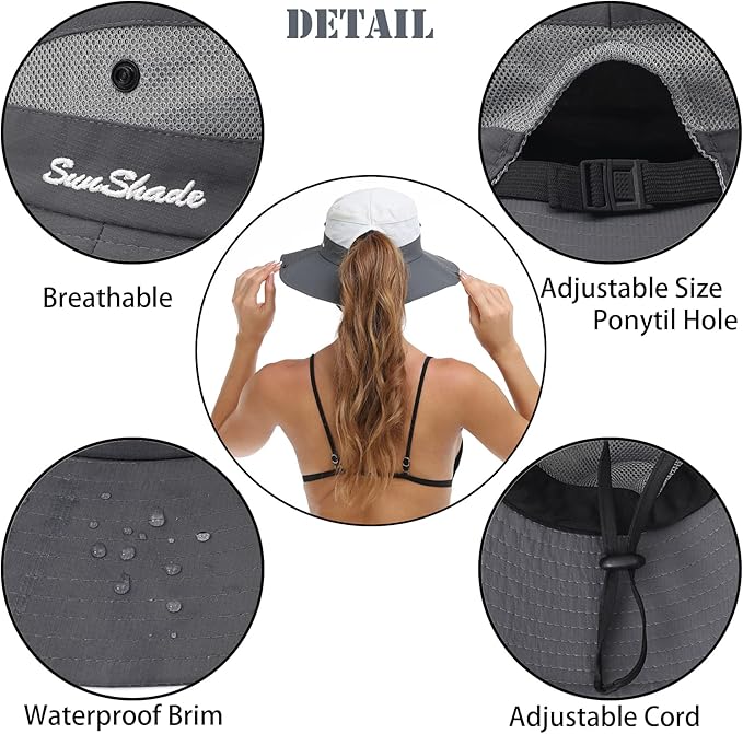Womens Summer Sun Hat Beach Hat Wide Brim Outdoor UV Protection Hat Foldable Cool Mesh Ponytail Bucket Hat