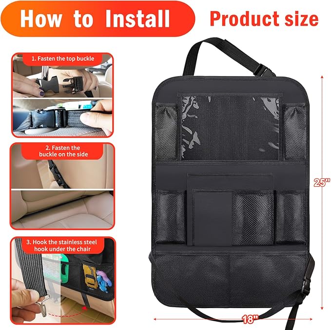 Car Backseat Organizer ，2 Pack Car Organizer Back Seat with 11" Tablet Holder, 10 Storage Pockets Seat Back Protectors Kick Mats for Kids Toddlers, Travel Accessories (Black)